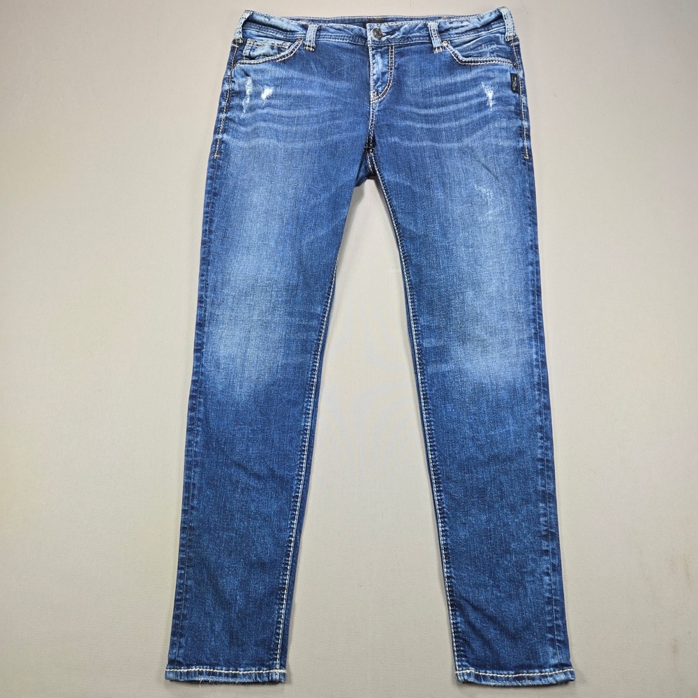 Silver Jeans Co Girlfriend Jeans Distressed Medium Wash Blue Womens Size 32x29